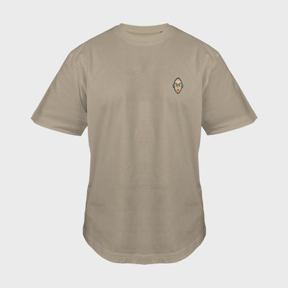 Unisex oversize mastic T-shirt with embroidered chest design, African mask with symmetrical facial features and geometric shapes, front view man