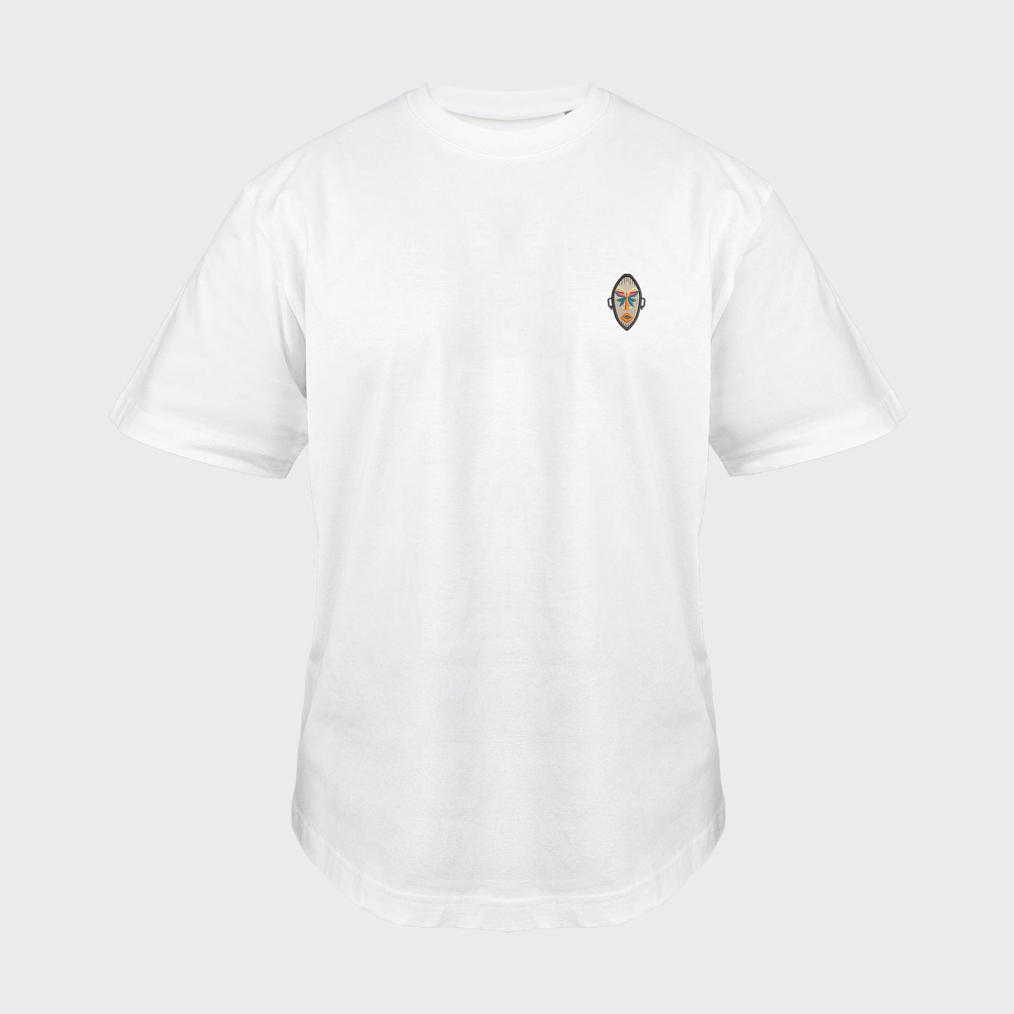 Unisex oversize white T-shirt with embroidered chest design, African mask with symmetrical facial features and geometric shapes, front view man
