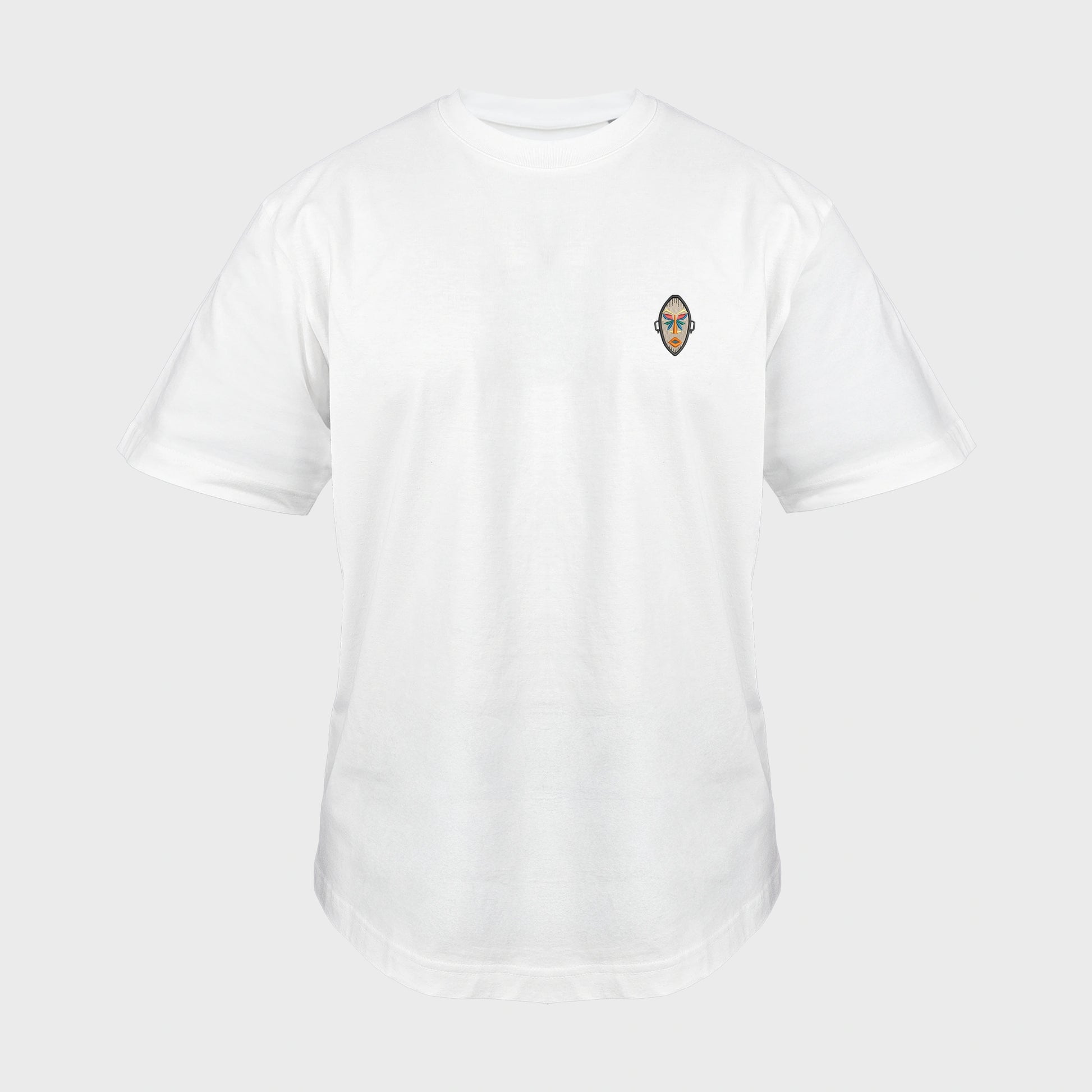 Unisex oversize white T-shirt with embroidered chest design, African mask with symmetrical facial features and geometric shapes, front view man