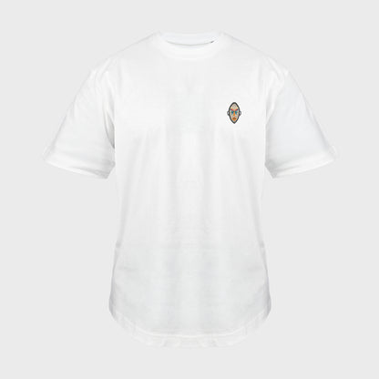 Unisex oversize white T-shirt with embroidered chest design, African mask with symmetrical facial features and geometric shapes, front view man