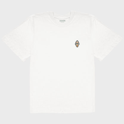 Unisex oversize white T-shirt with embroidered chest design, African mask with symmetrical facial features and geometric shapes