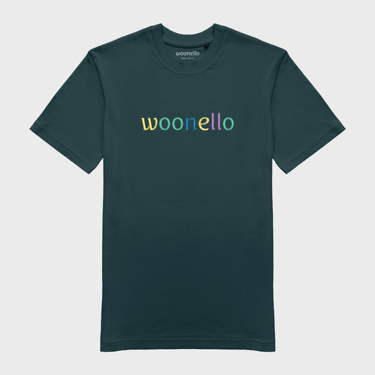 Unisex amalfi teal T-shirt with large embroidered chest design, Woonello brand name in multicolored typography