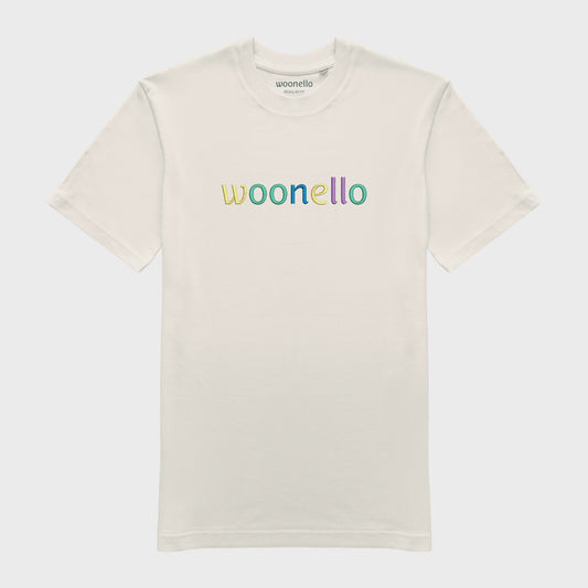 Unisex off white T-shirt with large embroidered chest design, Woonello brand name in multicolored typography