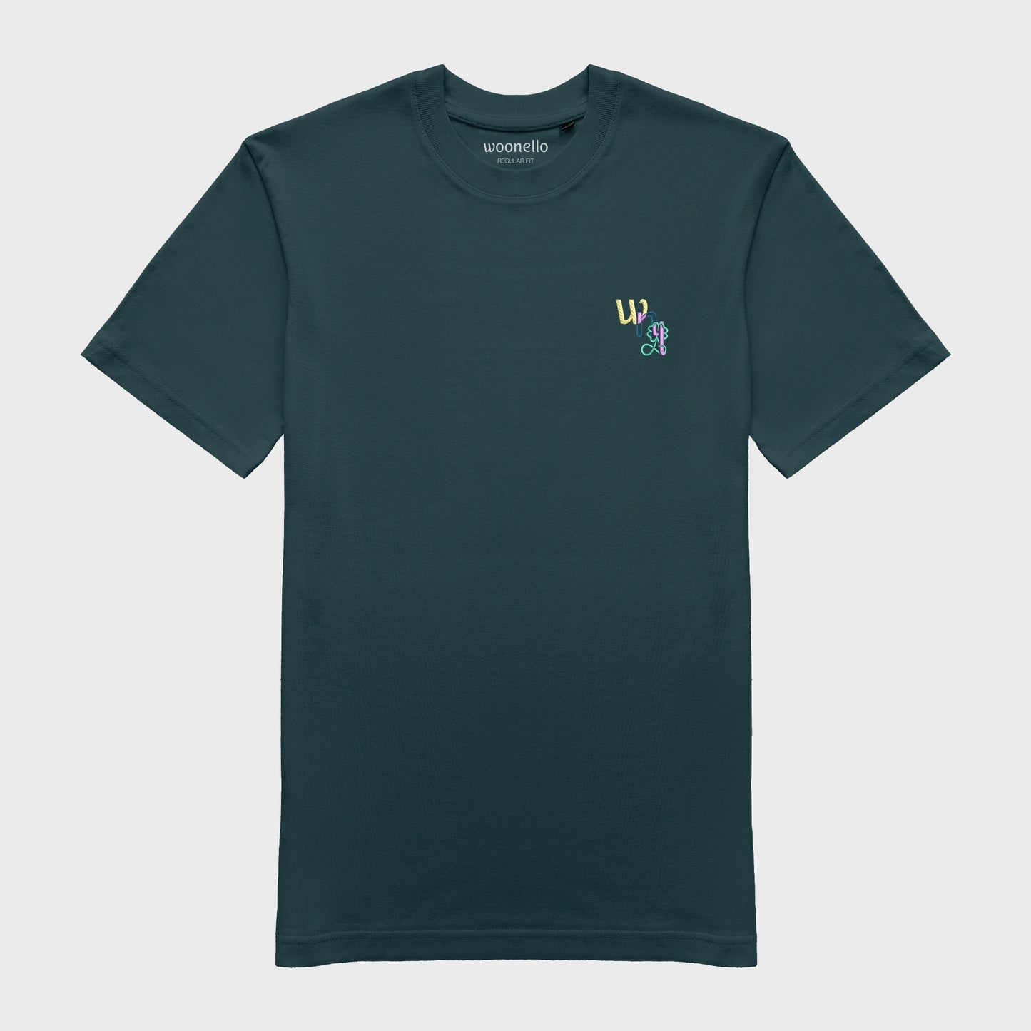 Unisex-T-Shirt petrol mit bestickter Brustpartie, WNL-Logo (Kurzform von Woonello) mit Kleeblatt-Unendlichkeitssymbol
