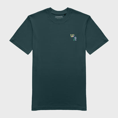 Unisex-T-Shirt petrol mit bestickter Brustpartie, WNL-Logo (Kurzform von Woonello) mit Kleeblatt-Unendlichkeitssymbol