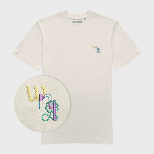 Unisex-T-Shirt cremeweiß mit bestickter Brustpartie, Fokus auf Design, WNL-Logo (Kurzform von Woonello) mit Kleeblatt-Unendlichkeitssymbol