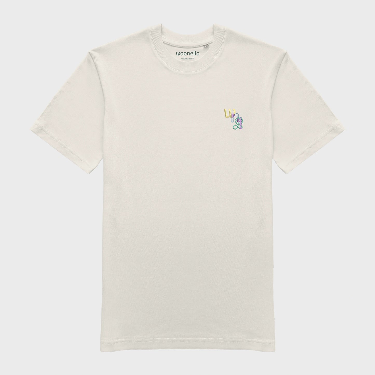 Unisex-T-Shirt cremeweiß mit bestickter Brustpartie, WNL-Logo (Kurzform von Woonello) mit Kleeblatt-Unendlichkeitssymbol