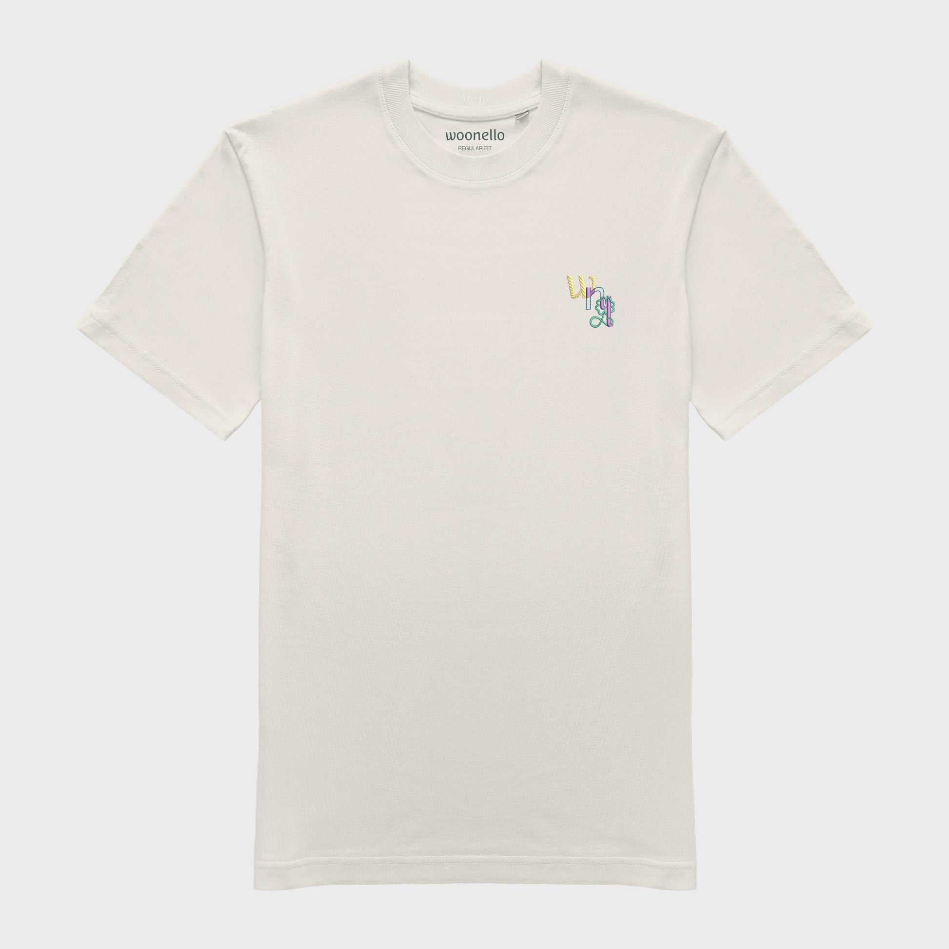 Unisex-T-Shirt cremeweiß mit bestickter Brustpartie, WNL-Logo (Kurzform von Woonello) mit Kleeblatt-Unendlichkeitssymbol