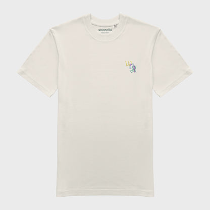 Unisex-T-Shirt cremeweiß mit bestickter Brustpartie, WNL-Logo (Kurzform von Woonello) mit Kleeblatt-Unendlichkeitssymbol