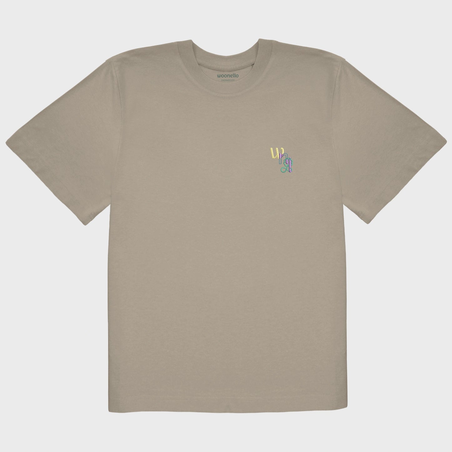 Unisex-T-Shirt Oversize mastic mit bestickter Brustpartie, WNL-Logo (Kurzform von Woonello) mit Kleeblatt-Unendlichkeitssymbol
