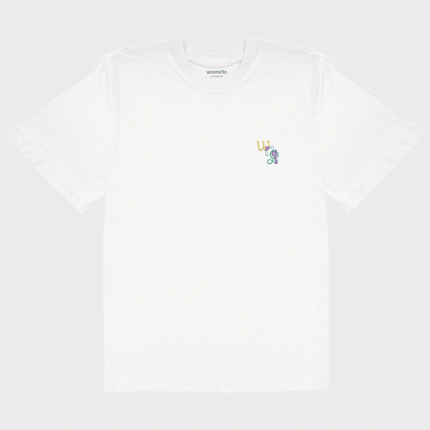 Unisex-T-Shirt Oversize weiß mit bestickter Brustpartie, WNL-Logo (Kurzform von Woonello) mit Kleeblatt-Unendlichkeitssymbol