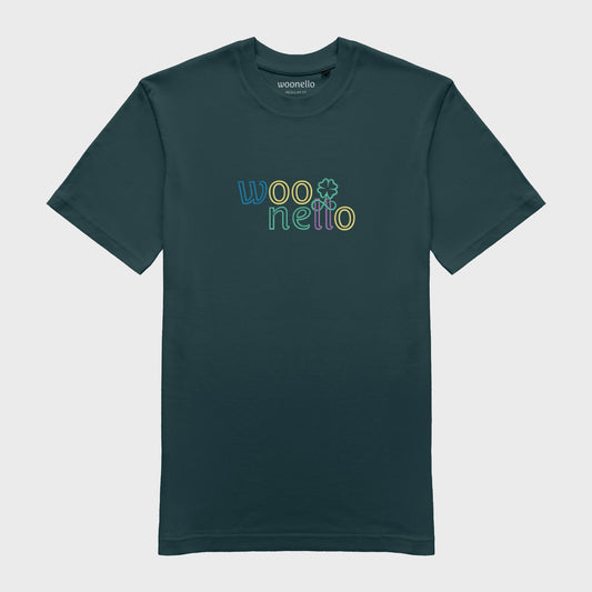 Unisex amalfi teal T-shirt with large embroidered chest design, Woonello wordmark with intertwined logomark between two letters