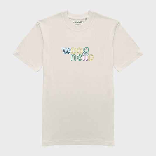 Unisex off white T-shirt with large embroidered chest design, Woonello wordmark with intertwined logomark between two letters