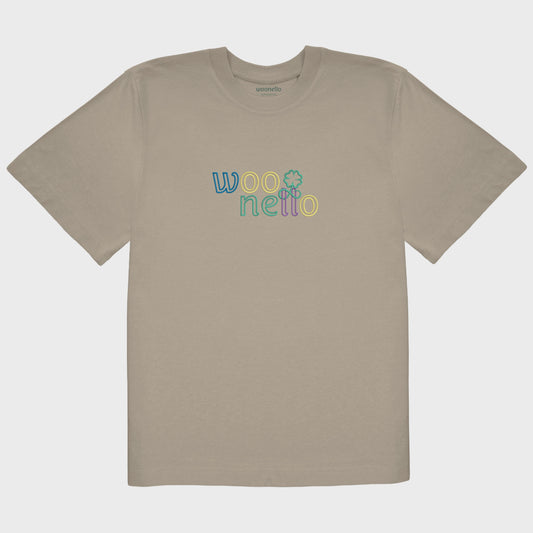 Unisex oversize mastic T-shirt with large embroidered chest design, Woonello wordmark with intertwined logomark between two letters