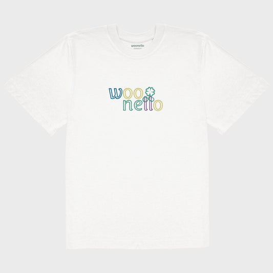 Unisex oversize white T-shirt with large embroidered chest design, Woonello wordmark with intertwined logomark between two letters